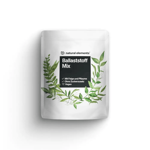 Ein weißer Beutel mit der Aufschrift "Ballaststoff Mix" von NATURAL ELEMENTS ist mit grünen Blättern bedruckt und hebt natürliche Ballaststoffe, keinen Zuckerzusatz und vegane Zutaten hervor.