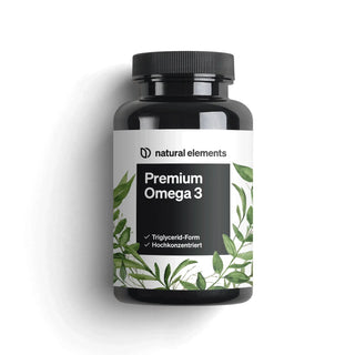 Premium Omega 3 Fischöl Kapseln von natural elements, unterstreicht die hervorragende Qualität mit essentiellen Fettsäuren angereichertes Premium-Fischöl.